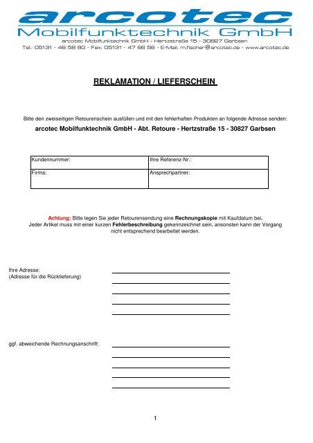 REKLAMATION / LIEFERSCHEIN - arcotec Mobilfunktechnik GmbH