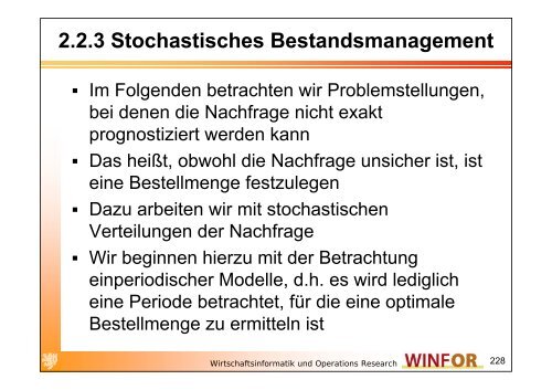 2.2.3 Stochastisches Bestandsmanagement - WINFOR