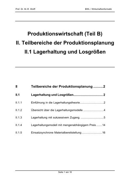 Teil B II 1 Lagerhaltung und Losgrößen - WINFOR