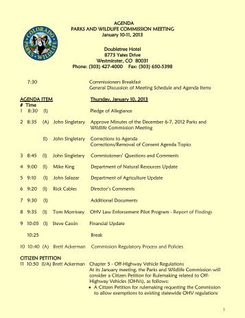 January 2013 Parsk and Wildlife Commission Meeting Agenda