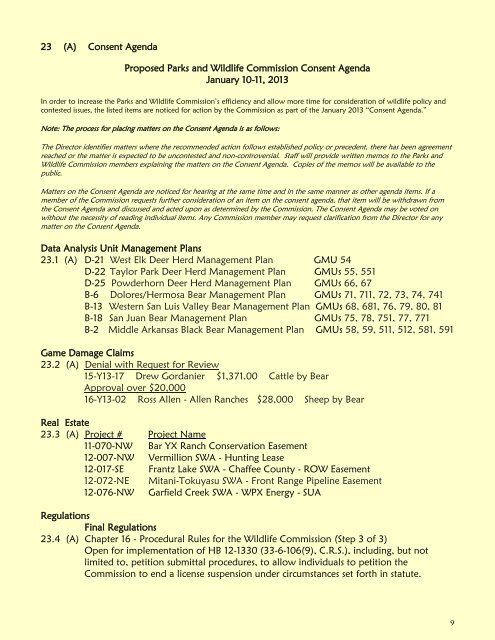 January 2013 Parsk and Wildlife Commission Meeting Agenda