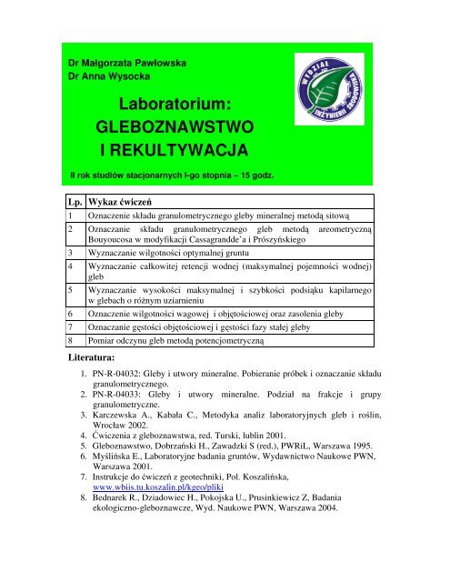 Laboratorium: Gleboznawstwo i Rekultywacja, Pawłowska M ...