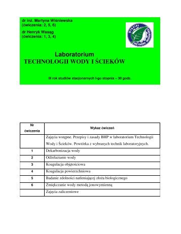 Laboratorium TECHNOLOGII WODY I ŚCIEKÓW - Politechnika ...