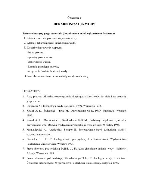 Laboratorium TECHNOLOGII WODY I ŚCIEKÓW - Politechnika ...