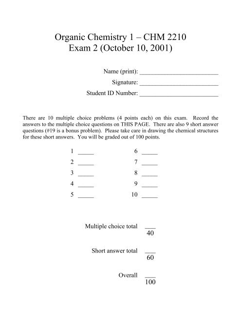 Organic Chemistry 1 Chm 2210 Exam 2 October 10 2001