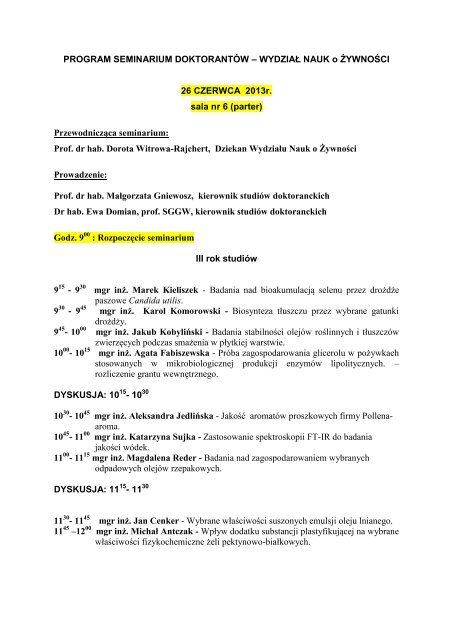 Program Seminarium - Wydział Nauk o Żywności SGGW