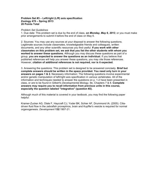 Problem Set #3 ? Left/right (L/R) axis specification Zoology 470 ...