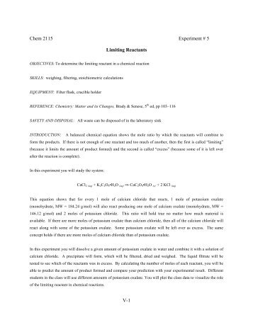 V-1 Chem 2115 Experiment # 5 Limiting Reactants