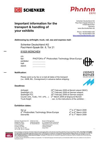 Shipping instructions Schenker - PHOTON Info