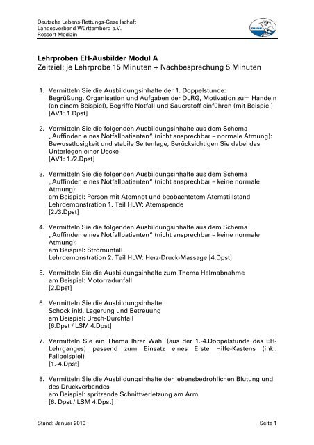 Lehrproben EHA Modul A - Landesverband Württemberg e.V. - DLRG