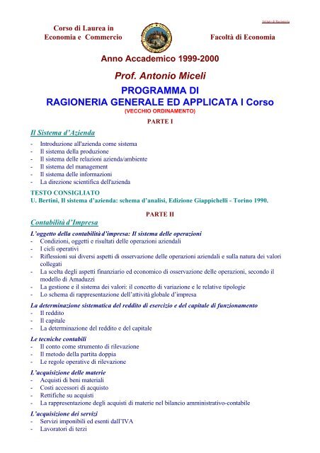 Prof. Antonio Miceli PROGRAMMA DI RAGIONERIA GENERALE ED ...