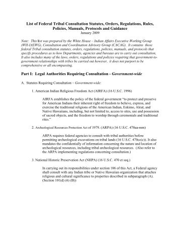 List of Federal Tribal Consultation Statutes, Orders, Regulations ...