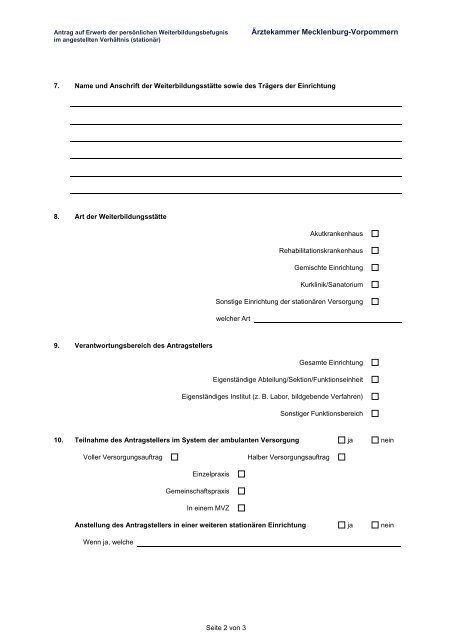 Antrag auf Erteilung einer Weiterbildungsbefugnis - Ärztekammer ...