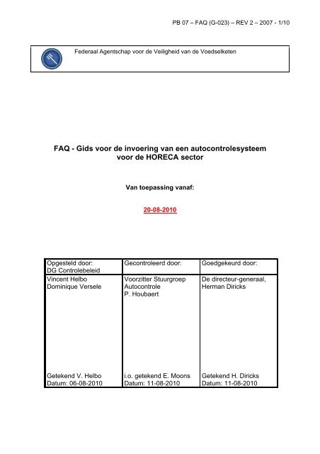 FAQ - Gids voor de invoering van een autocontrolesysteem ... - Favv