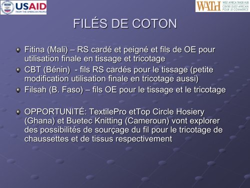 Valorisation du coton-Bénin, Burkina Faso ... - AGOA Toolkit