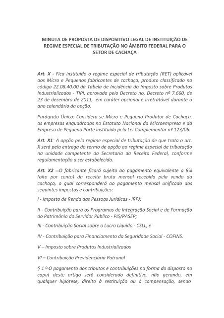 Minuta de Proposta de Dispositovp Legal de Instituiçao de Regimer ...