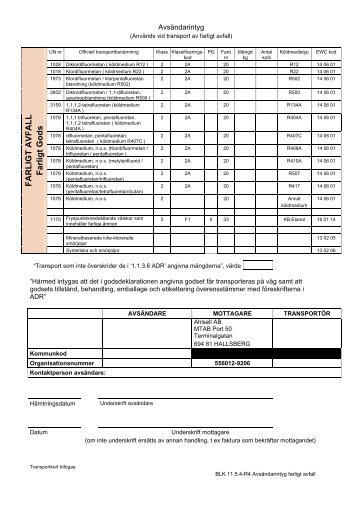 Godsdeklaration farligt avfall - Ahlsell