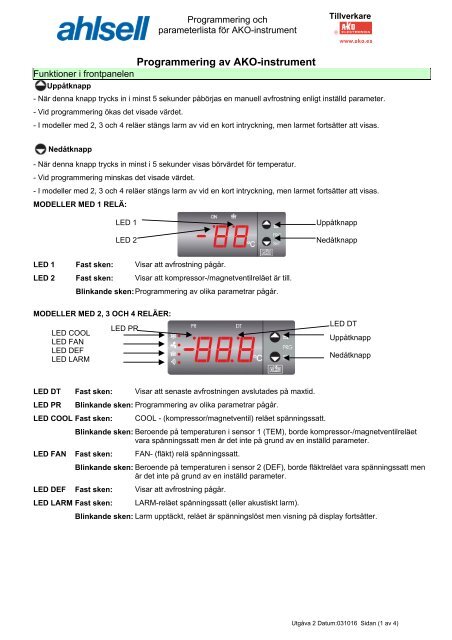 AKO termostater parameterlista för samtliga modeller 2003 - Ahlsell