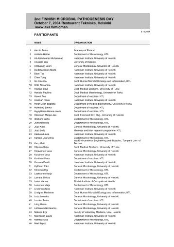 2nd FINNISH MICROBIAL PATHOGENESIS DAY October 7, 2004 ...