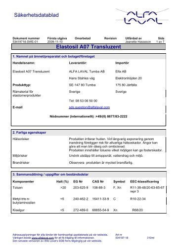 Säkerhetsdatablad Elastosil A07 Transluzent - Alfa Laval