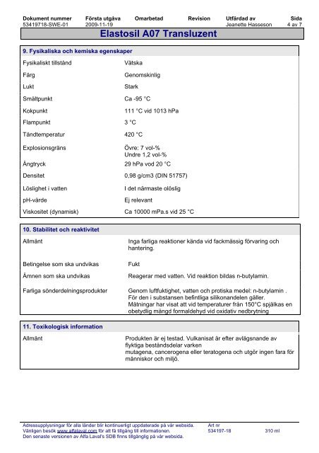 Säkerhetsdatablad Elastosil A07 Transluzent - Alfa Laval