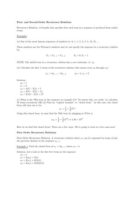 First- and Second-Order Recurrence Relations Recurrence Relation ...