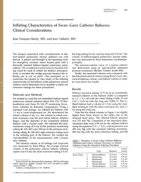 Inflating Characteristics of Swan-Ganz Catheter Balloons: Clinical ...