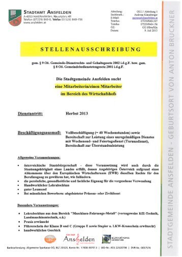 Mitarbeiter/Mitarbeiterin im Bereich Wirtschaftshof - Ansfelden