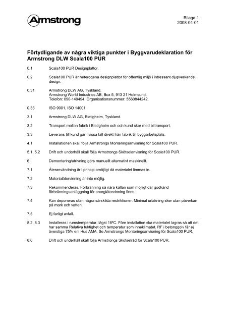 MILJÖDEKLARATION DEC -95 - Armstrong