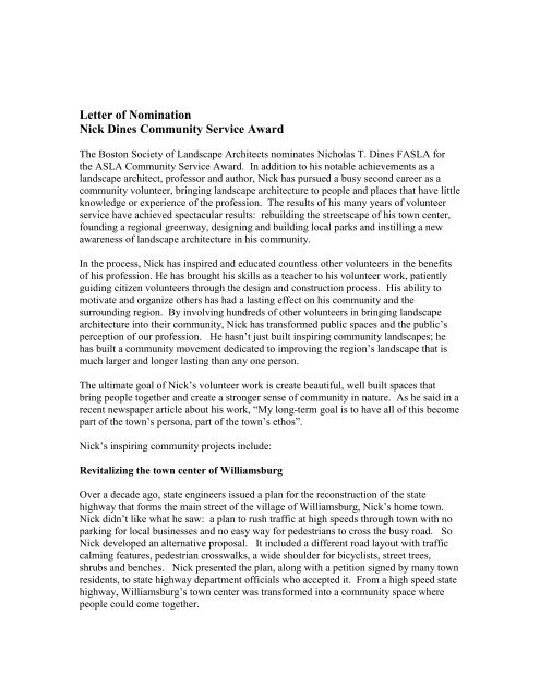 Letter of Nomination Nick Dines Community Service Award