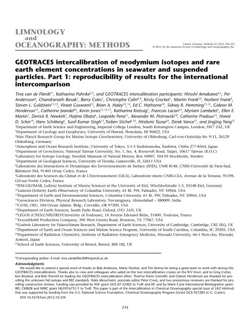 Tina van de Flierdt, Katharina Pahnke, and GEOTRACES ... - ASLO