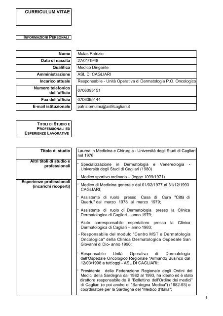 curriculum vitae - ASL 8 Cagliari