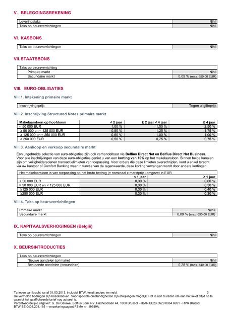 Tarief van de voornaamste beleggingsverrichtingen - Belfius