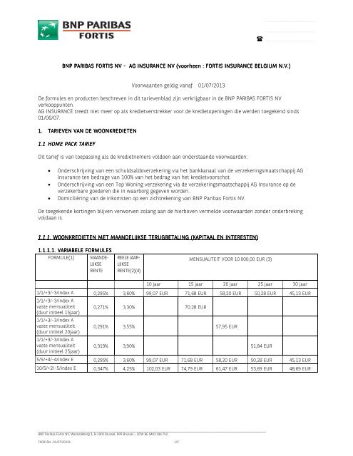 Tarievenblad - BNP Paribas Fortis