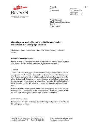 Yttande om Överklagande av detaljplan för kv Badhuset ... - Boverket