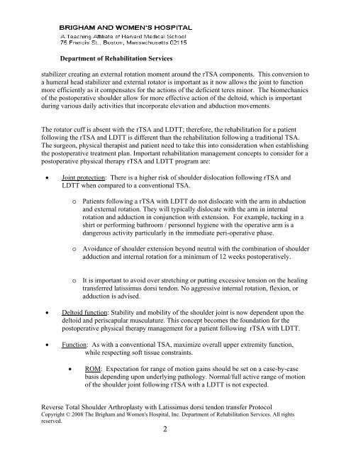 Reverse TSA with LDTT Protocol - Brigham and Women's Hospital