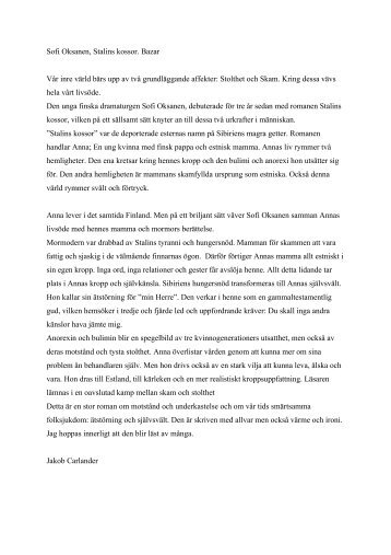 Sofi Oksanen, Stalins kossor. Bazar Vår inre värld ... - Jakob Carlander