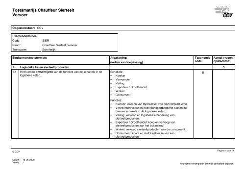 Toetsmatrijs Chauffeur Sierteelt Vervoer - Cbr