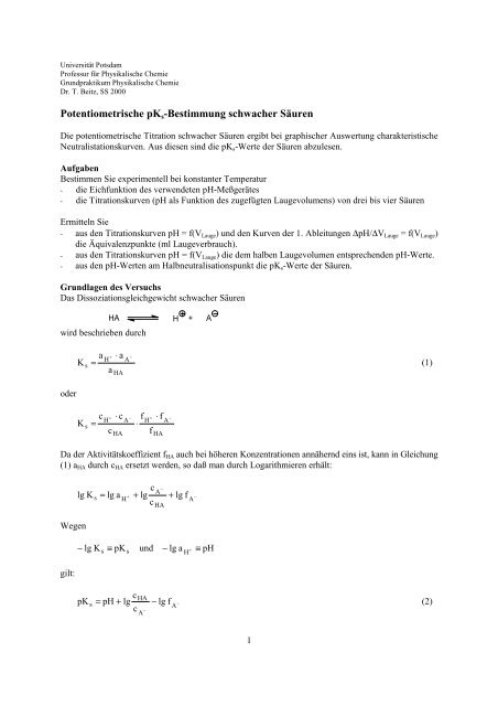 Potentiometrische pKs-Bestimmung - Universität Potsdam