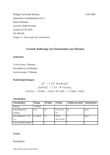 Versuch: Isolierung von Citronensäure aus Zitronen - ChidS