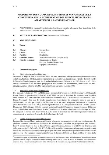 proposition pour l'inscription d'especes aux annexes de la ...