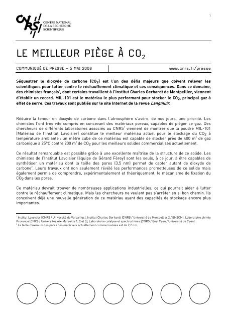 LE MEILLEUR PIÈGE À CO2 - CNRS