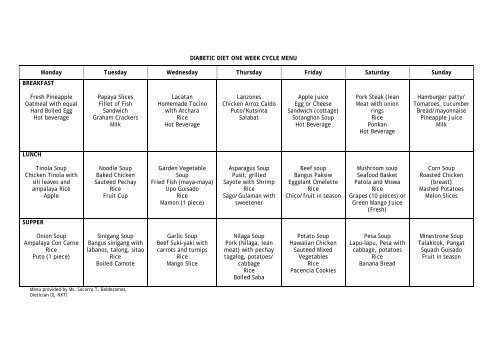 menu for diabetics for a week