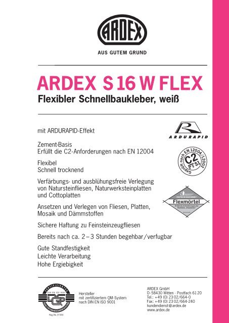 ARDEX S16 W FLEX Flexibler Schnellbaukleber, weiß