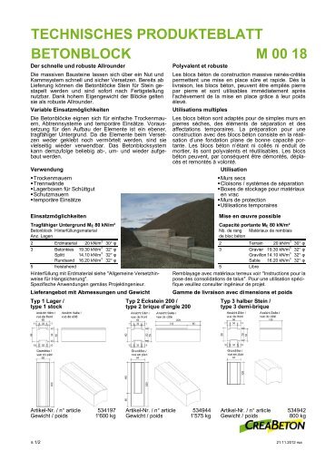 TECHNISCHES PRODUKTEBLATT BETONBLOCK M 00 18