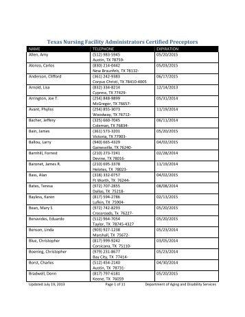 Texas Nursing Facility Administrators Certified Preceptors