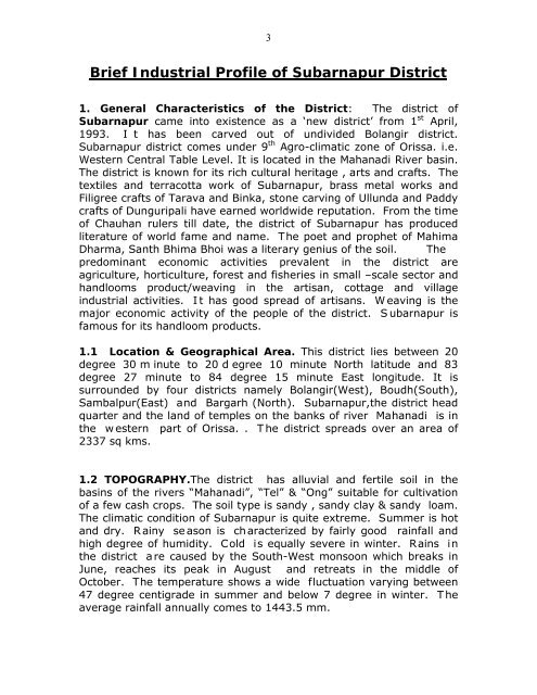 Brief Industrial Profile of Subarnapur District - Dc Msme