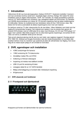 1 Introduktion 2 DVR, egenskaper och installation - Deltaco