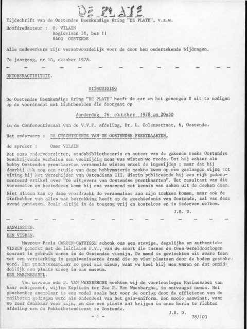 Tijdschrift van de Oostendse Heemkundige Kring "DE PLATE", v.z.w. ...