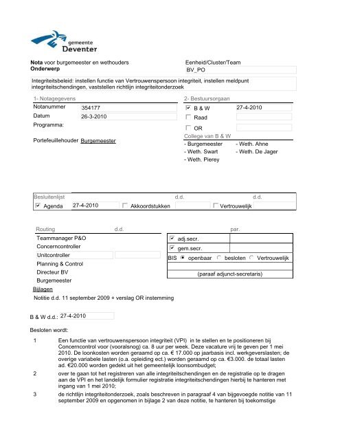 354177-BV-Integriteitsbeleid functie Vertrouwenspersoon integriteit